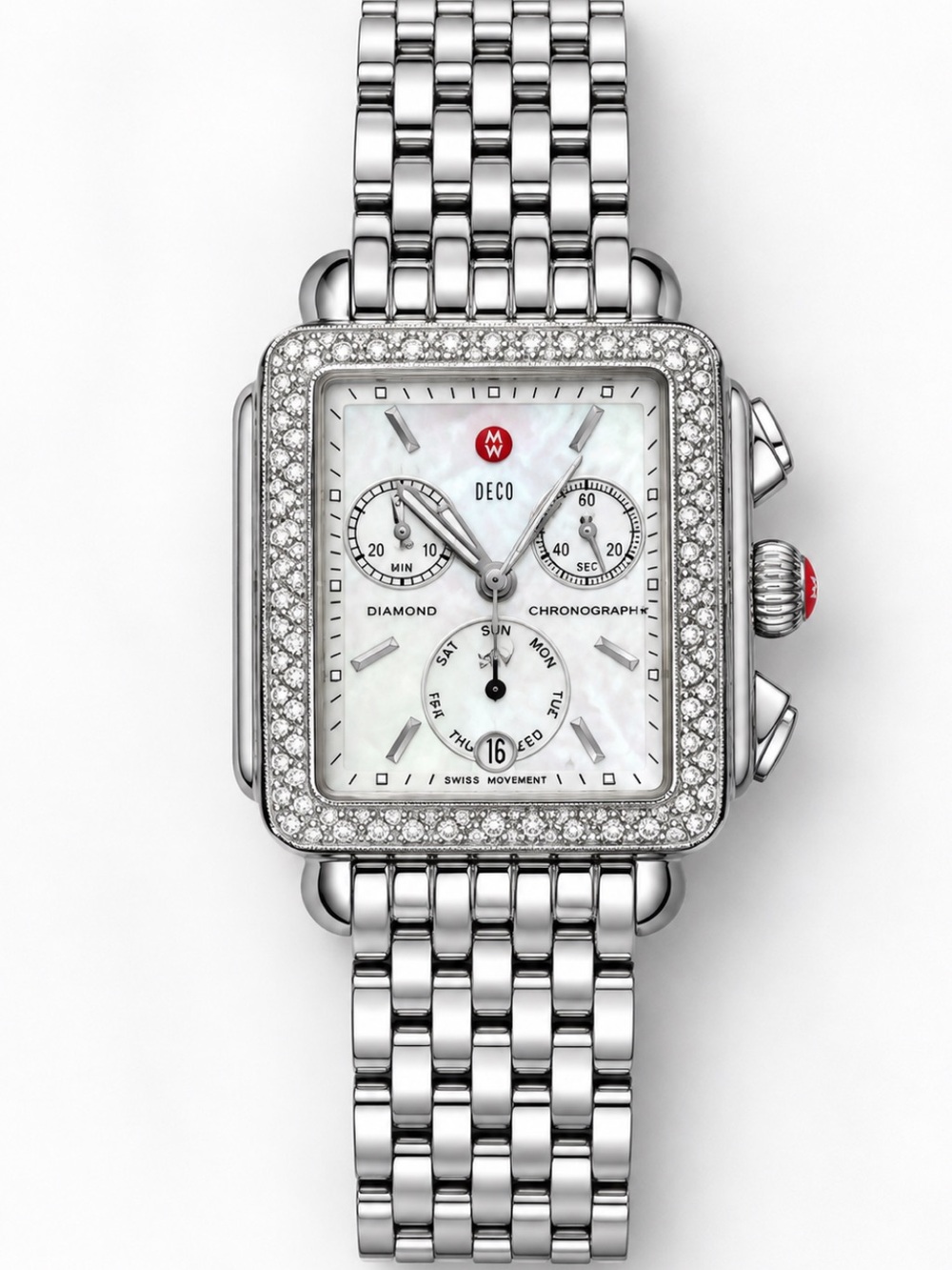 Michele Silver Diamond-Trim Stainless Steel Chronograph Watch